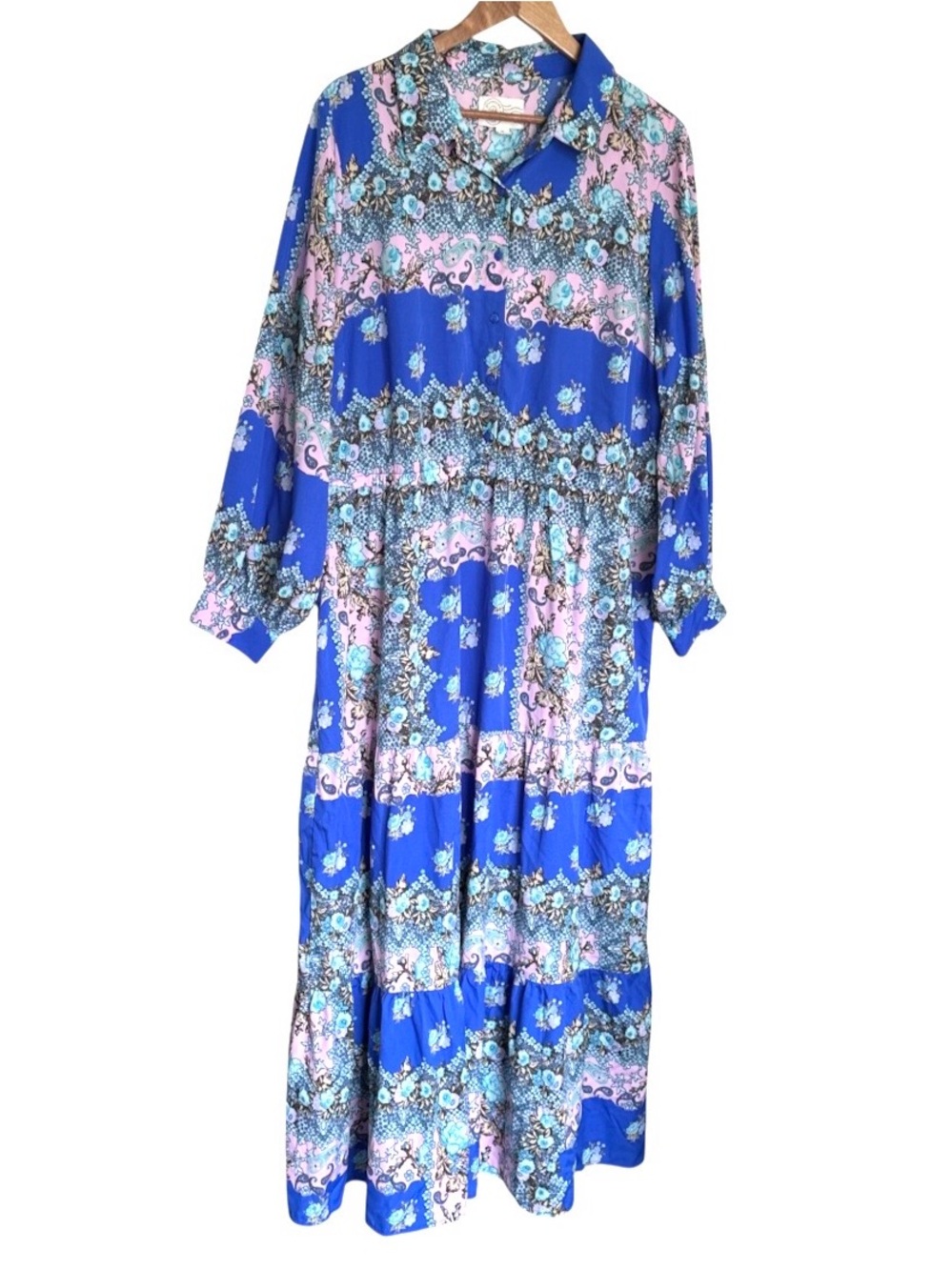 365 Plus Maxi Dress Womens 1X Blue Floral Paisley Tiered Long Sleeve Lightweight